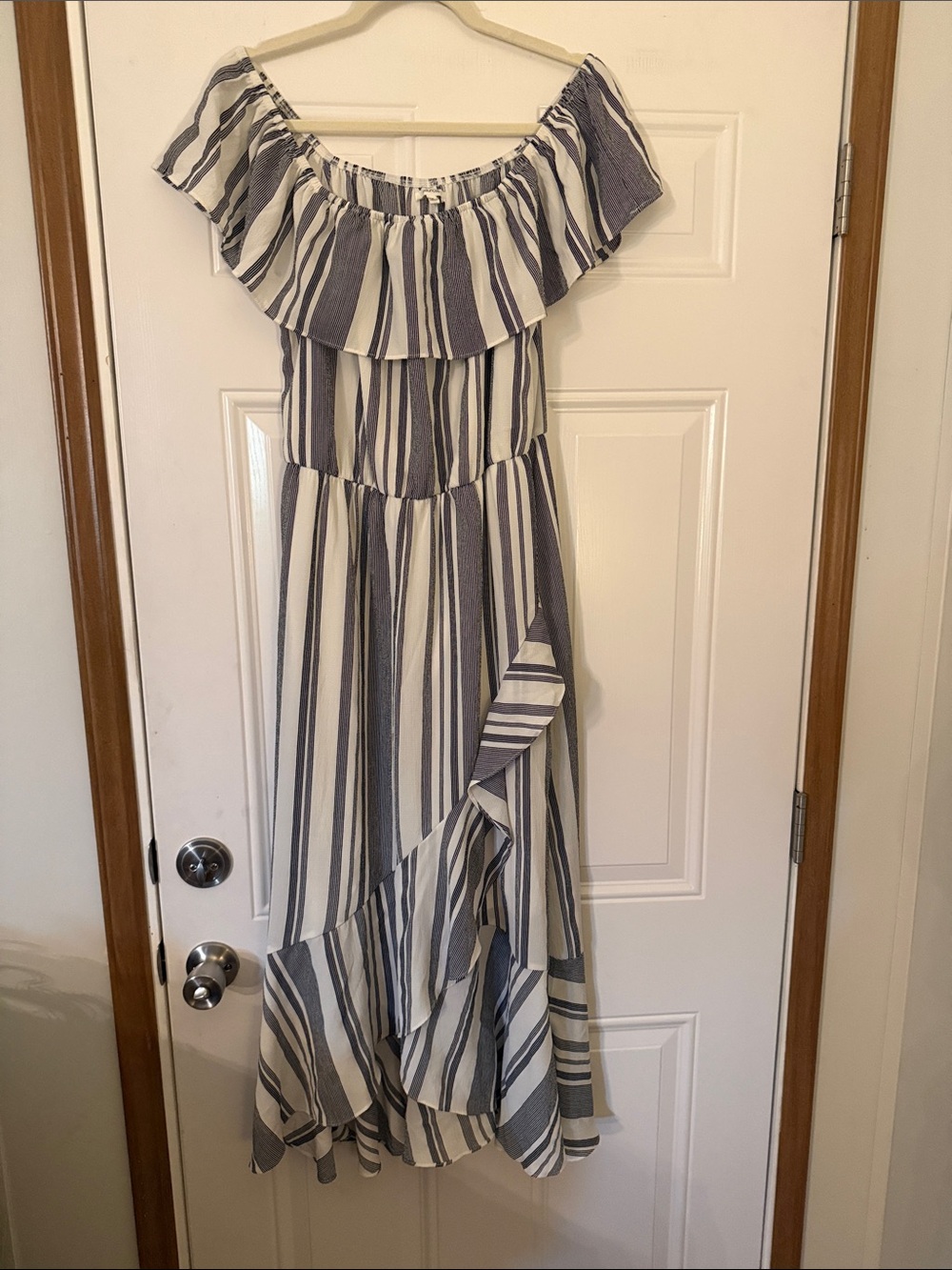 Women Off-Shoulder Striped Ruffle Maxi Dress - Blue and White